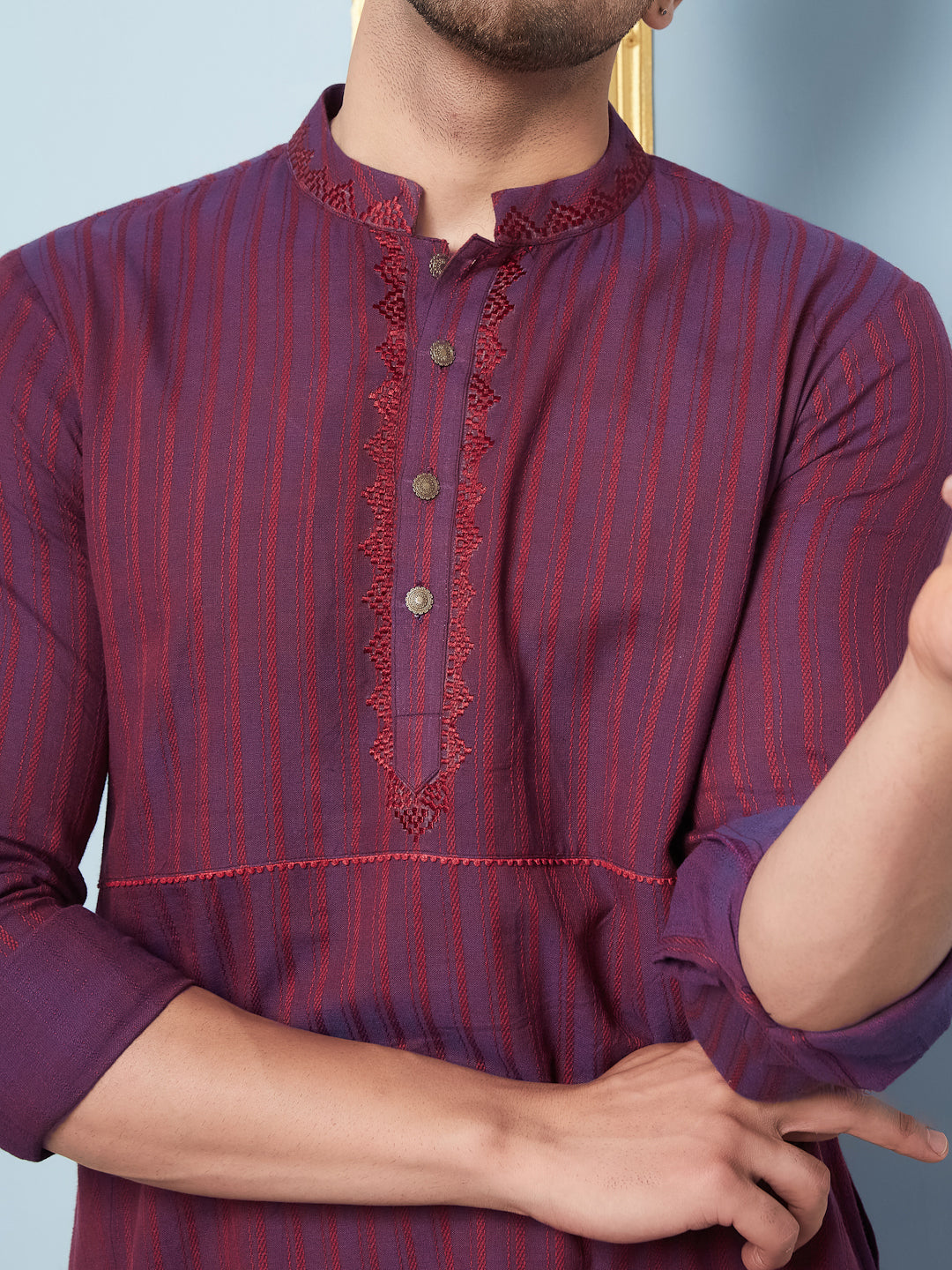 Riwaat.com Men Burgundy & Red Thread Work Embroidery Cotton Silk Kurta Riwaat Embroidered