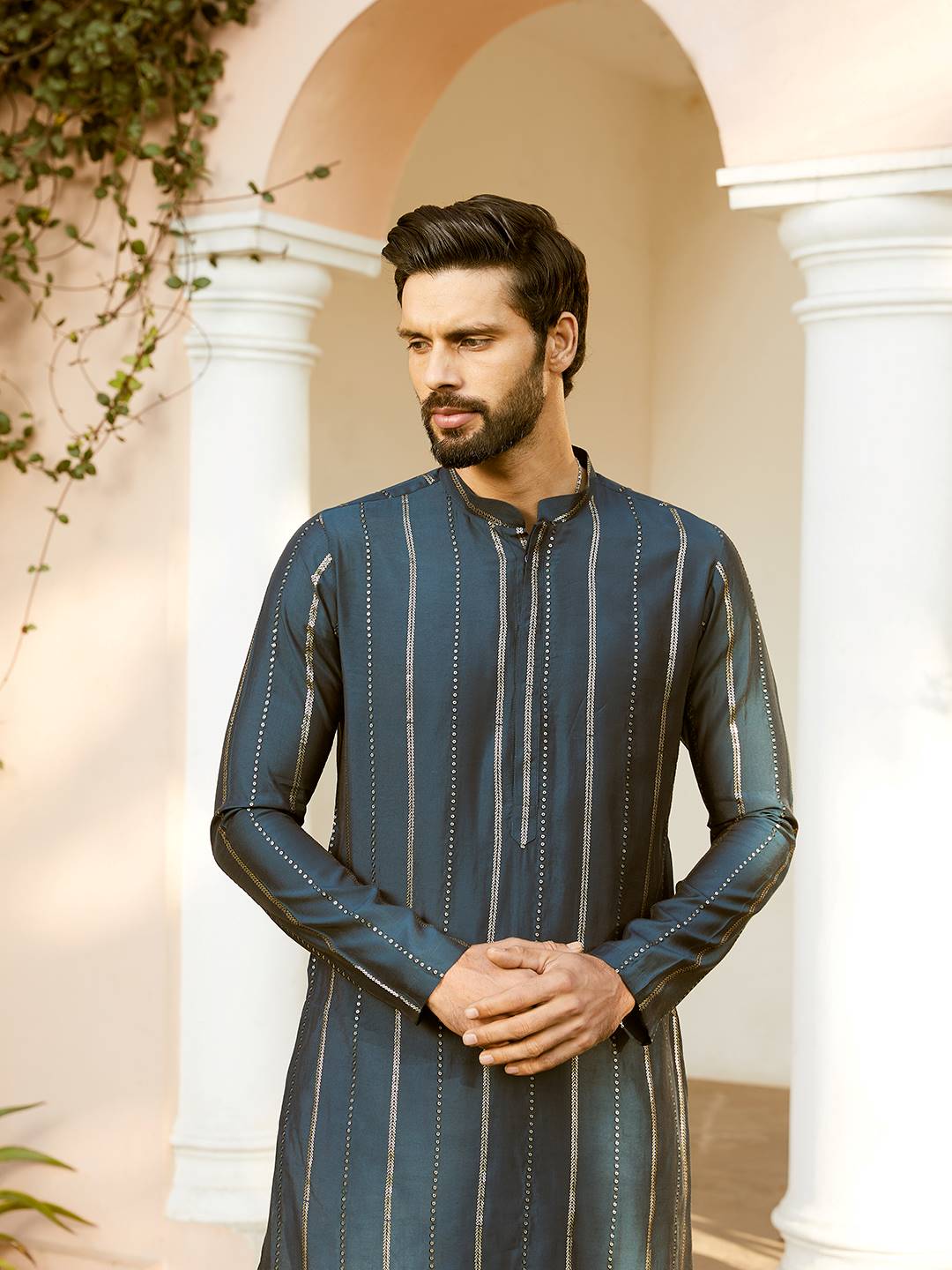 Men Teal And Gold Chanderi Silk Sequins Kurta With Pajama