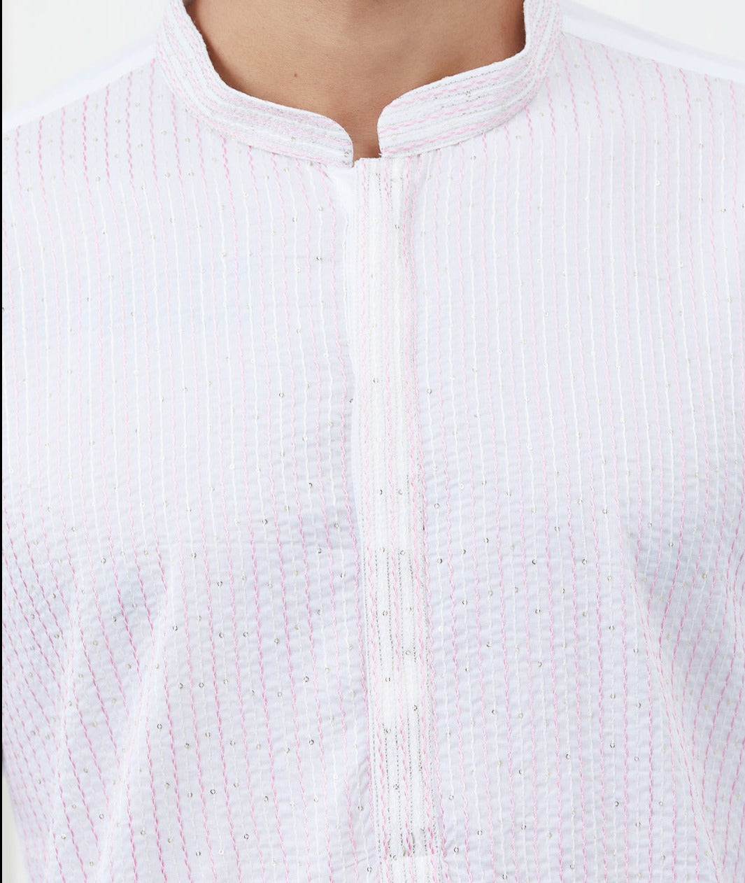 Men White & Pink Thread Work Kurta