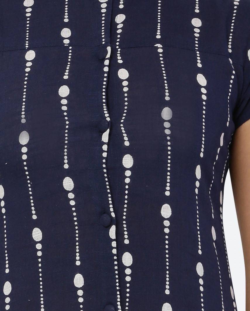 Women Navy Blue & White Khari Print Straight Kurti