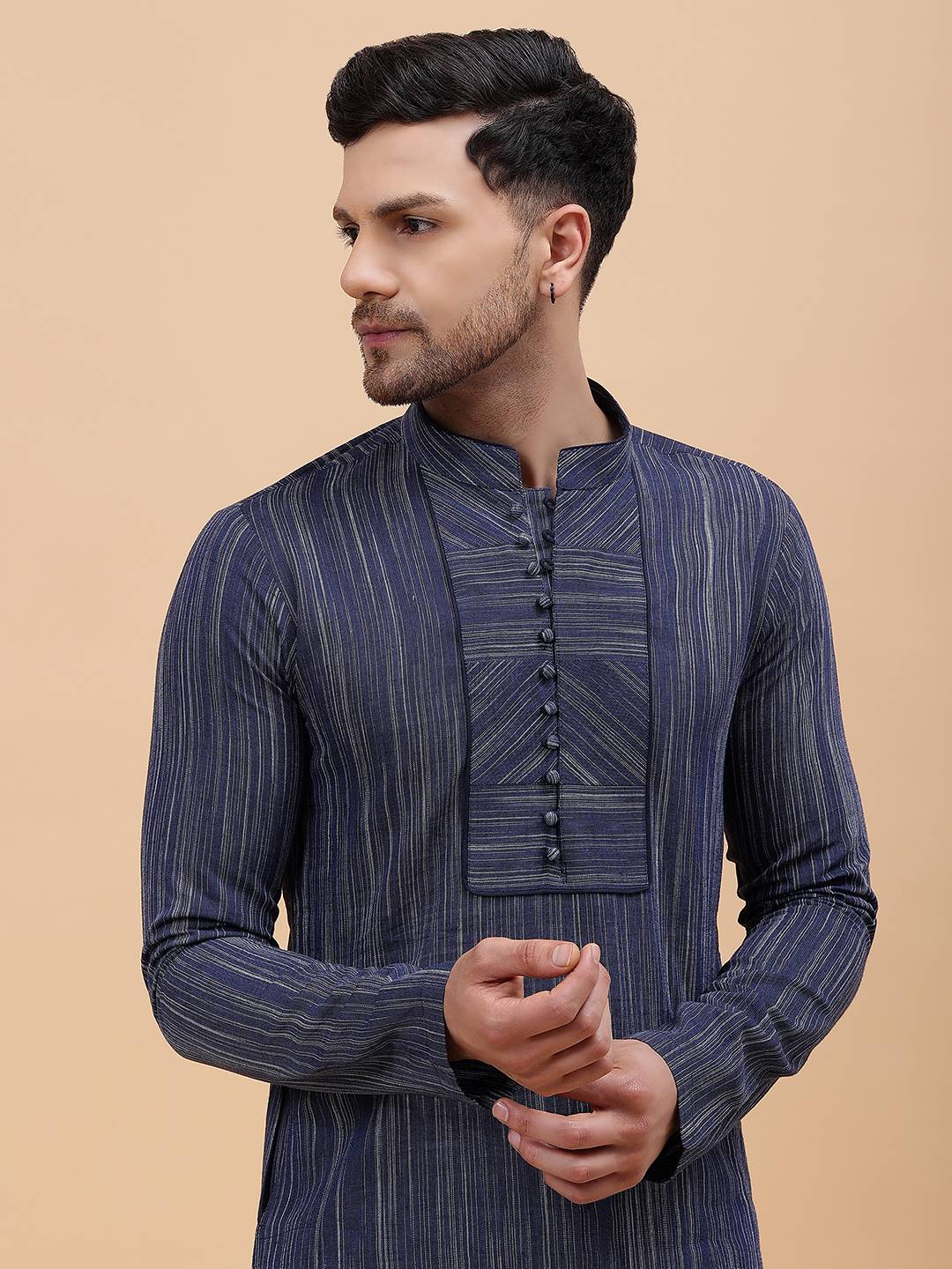 Men Navy Blue Pure Cotton Printed Straight Kurta With Pajama