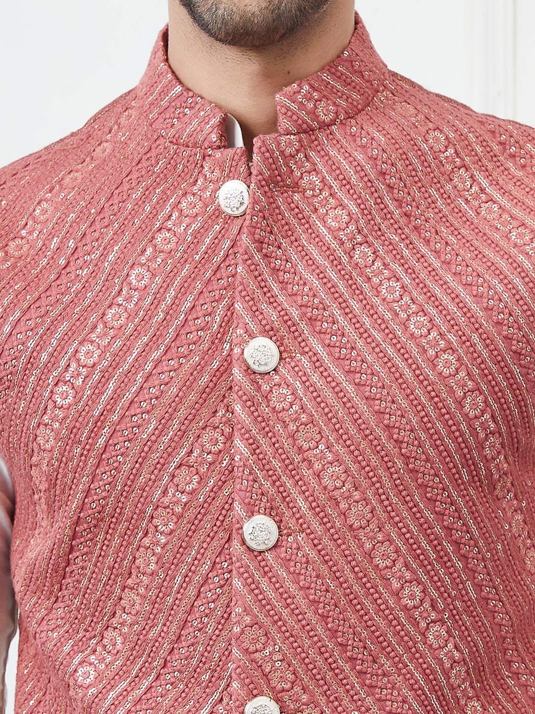 Men Burgundy Color Woven Design Embroidery Cotton Nehru Jacket