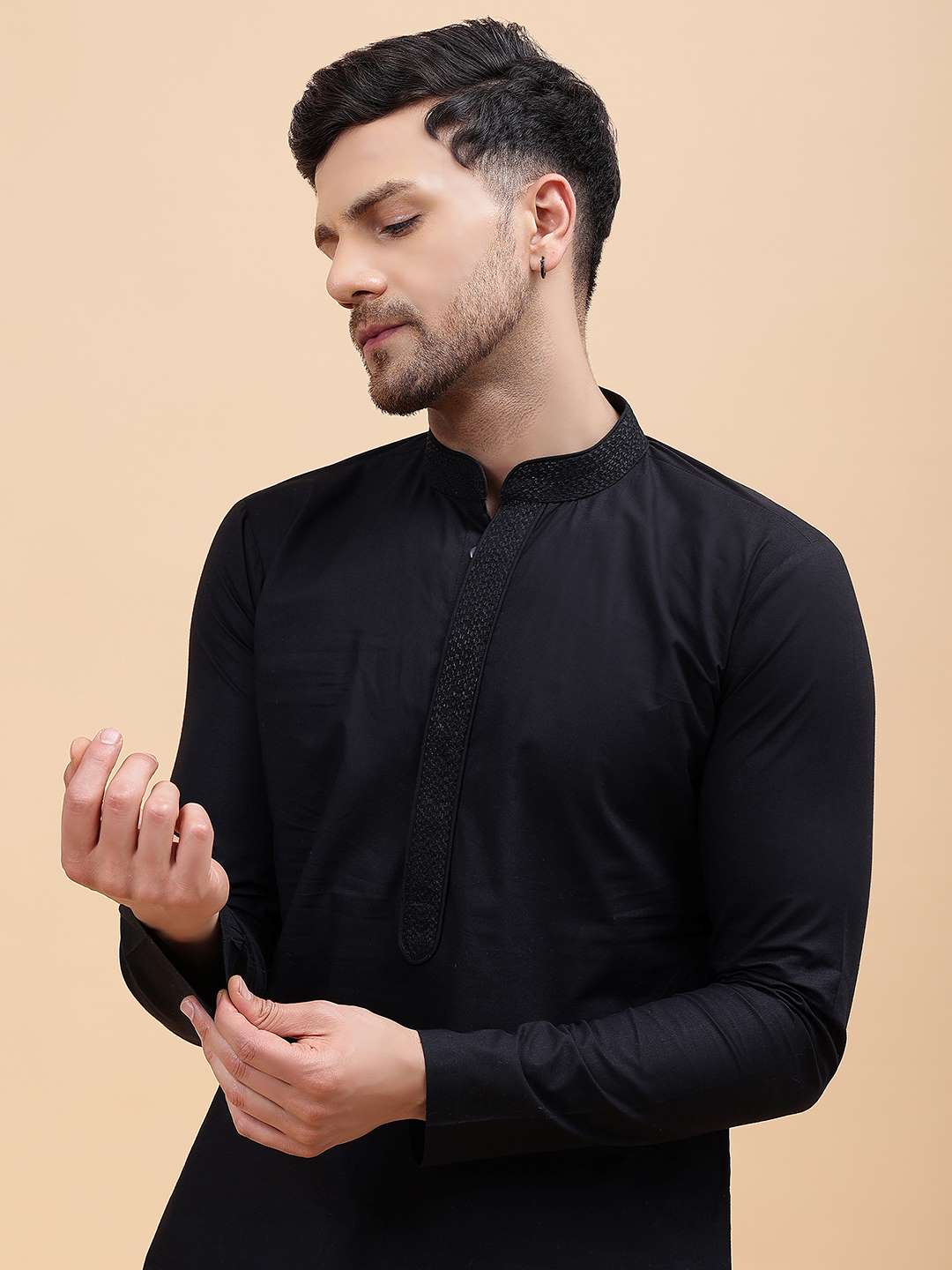 Men Black Pure Cotton Embroidered Straight Kurta