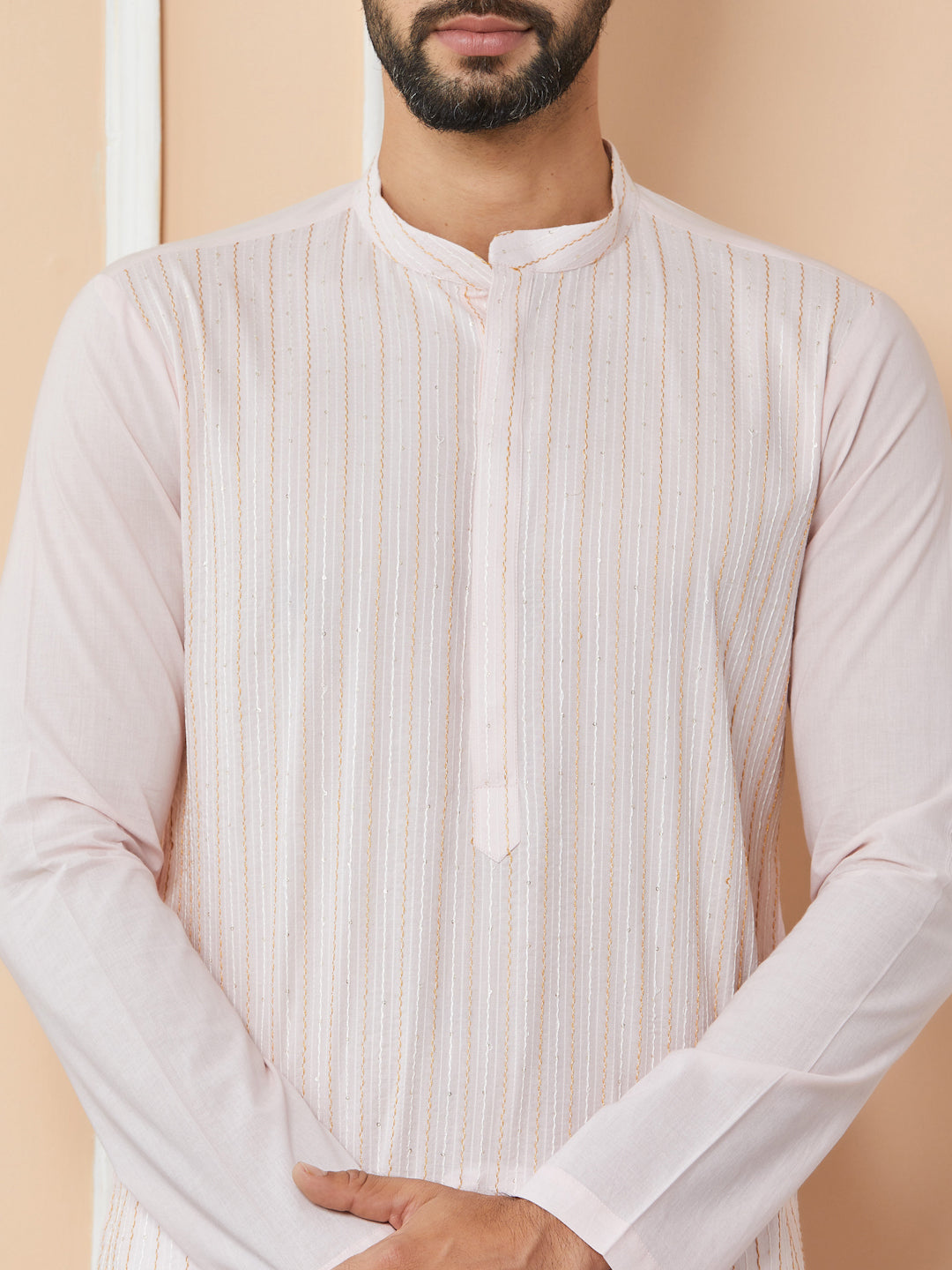 Light Pink Thread & Sequins Worked Pure Cotton Straight Kurta with Pyjama