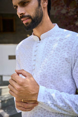 Men White Chikankari Embroidered Straight Kurta With White Salwar