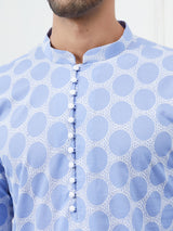 Men Blue And White Embroidered Cotton Kurta