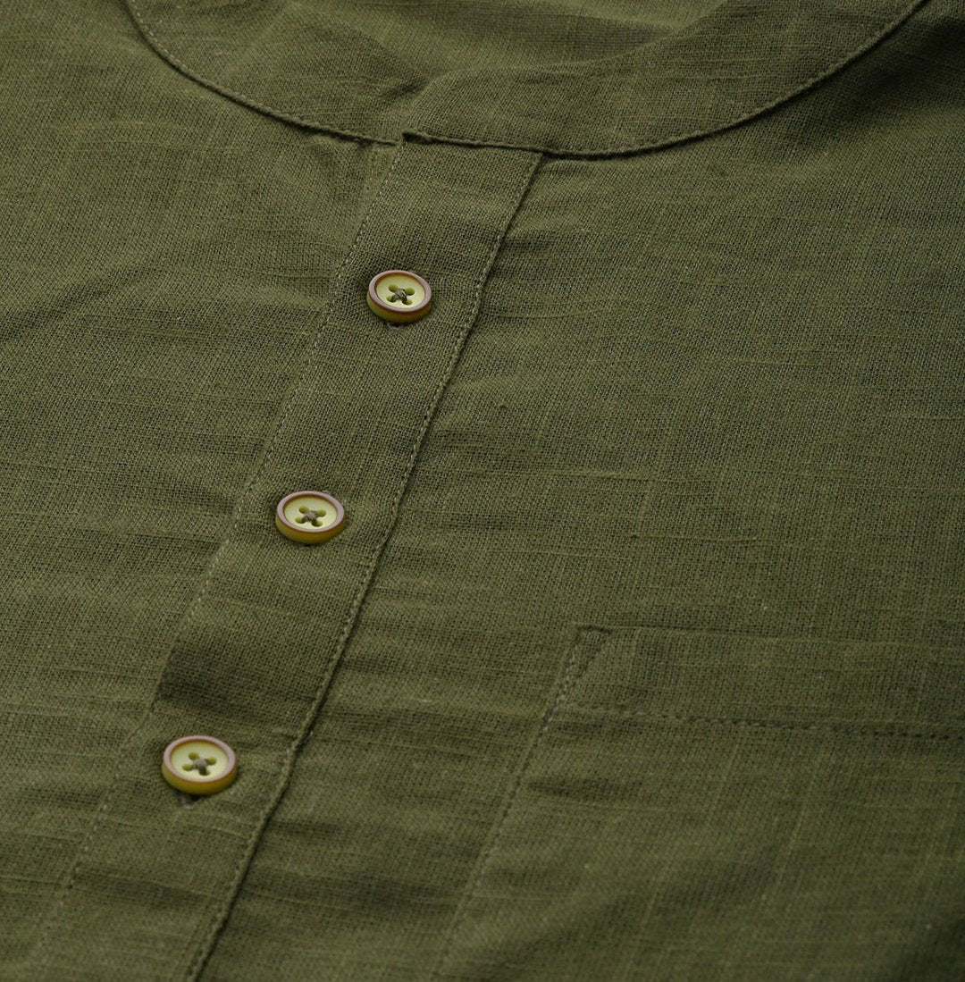 Men Olive Green Cotton Straight Kurta with Slub Effect