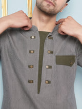 Men Grey Melange And Thread Work Kurta