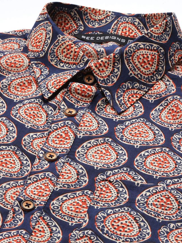 Men Blue Regular Pure Cotton Pathani Printed Men's Kurta With White Salwar