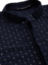 Men Navy Blue Floral Embroidered Sequins Rayon Kurta With pyjama
