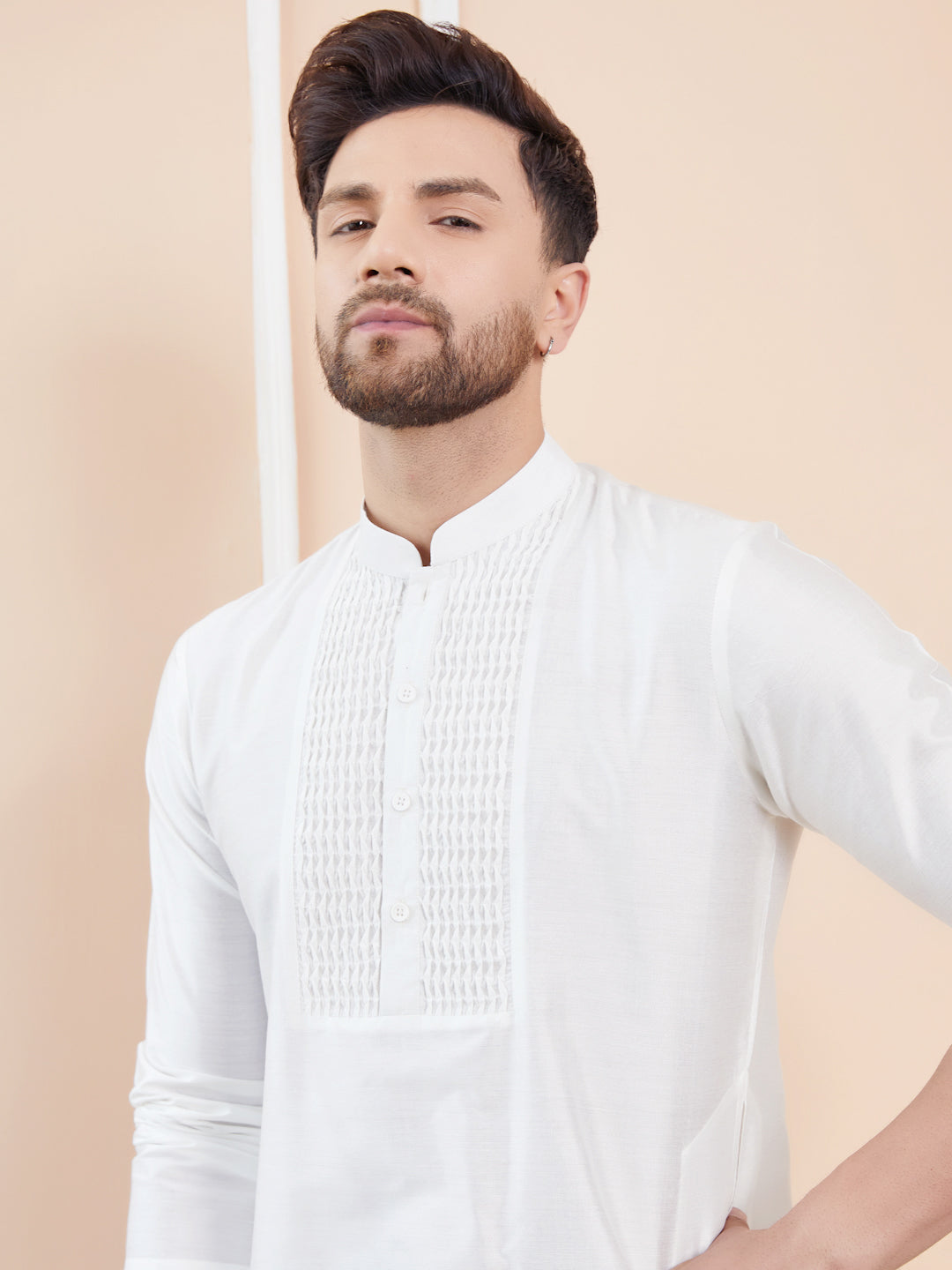 Off White Cotton Solid Straight Kurta with Pintuck Yoke Neck