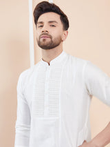 Off White Cotton Solid Straight Kurta with Pintuck Yoke Neck