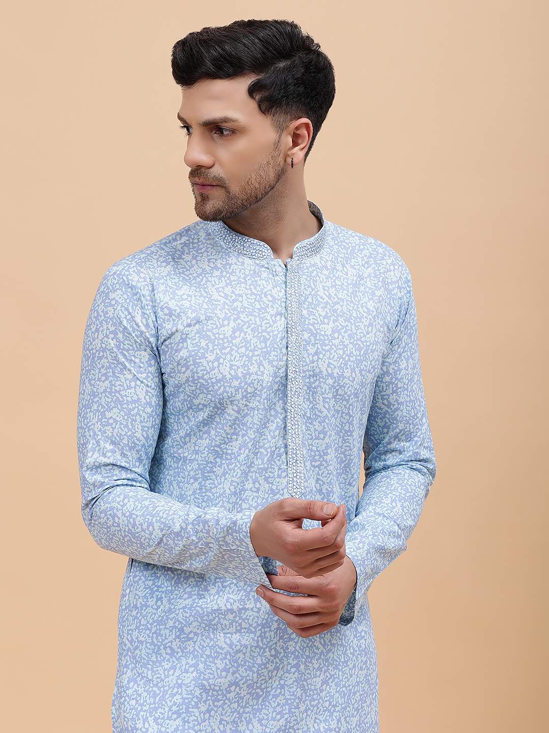 Men Sky Blue & White Pure Cotton Embroidered Straight Kurta