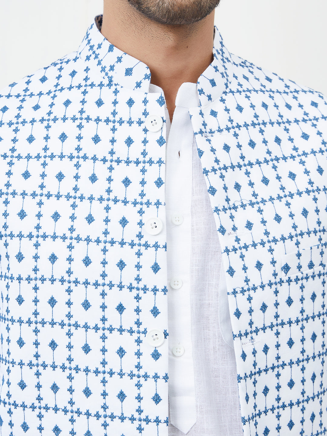 Men White And Blue Color Woven Design Chikankari Embroidery Cotton Nehru Jacket