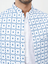 Men White And Blue Color Woven Design Chikankari Embroidery Cotton Nehru Jacket