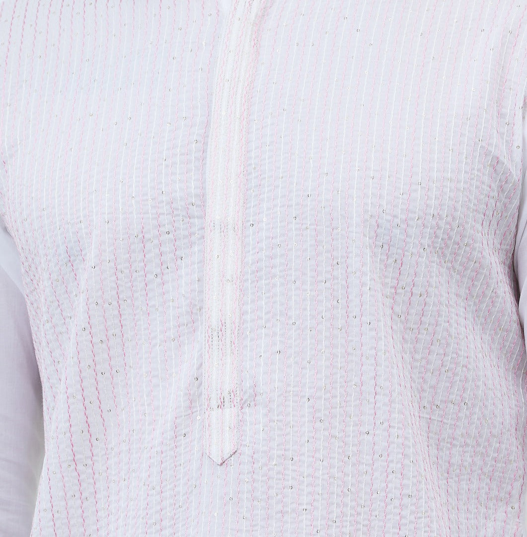 Men Soft White with Subtle Pink Stipes Kurta and Pajama