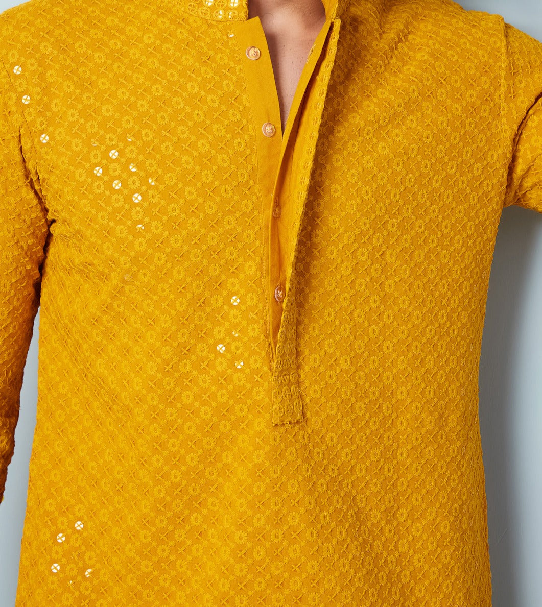 Men Mustard Floral Embroidered Sequined Rayon Kurta & Black Pajama