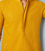 Men Mustard Floral Embroidered Sequined Rayon Kurta & Black Pajama