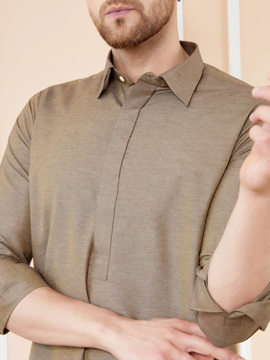 Men Brown Cotton Solid Pathani Kurta with Pyjama