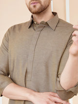 Men Brown Cotton Solid Pathani Kurta with Pyjama