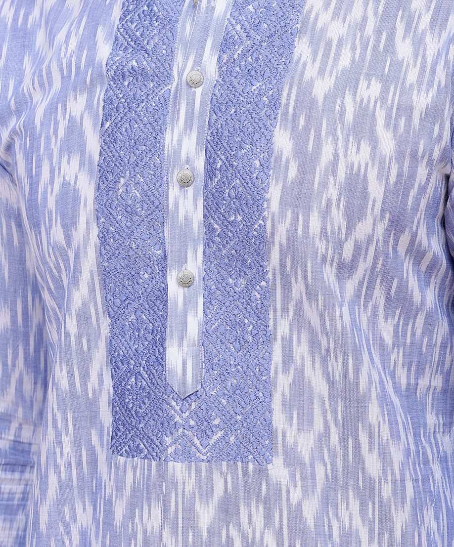 Men Blue & White Yoke Design Embroidered Cotton Kurta