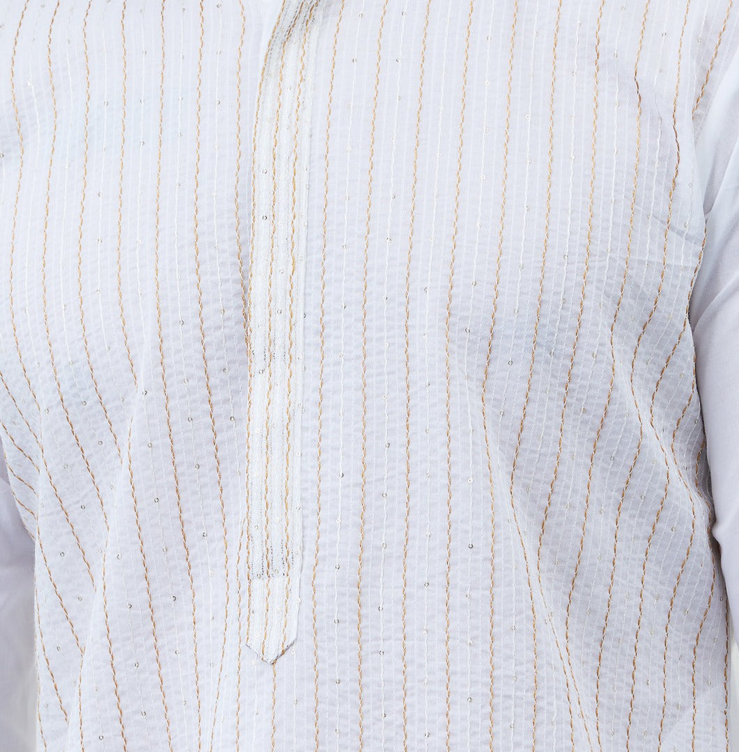 Men White with Golden Striped Kurta and Pajama