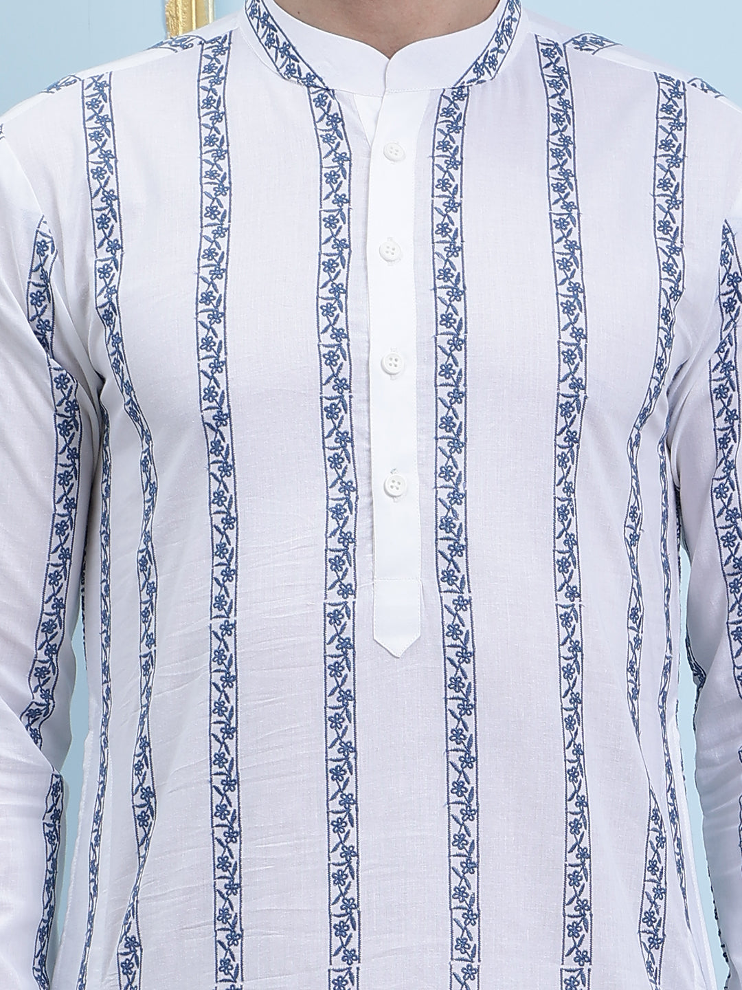 Riwaat.com Men White & Blue Chikankari Embroidery Cotton Kurta Riwaat Embroidered