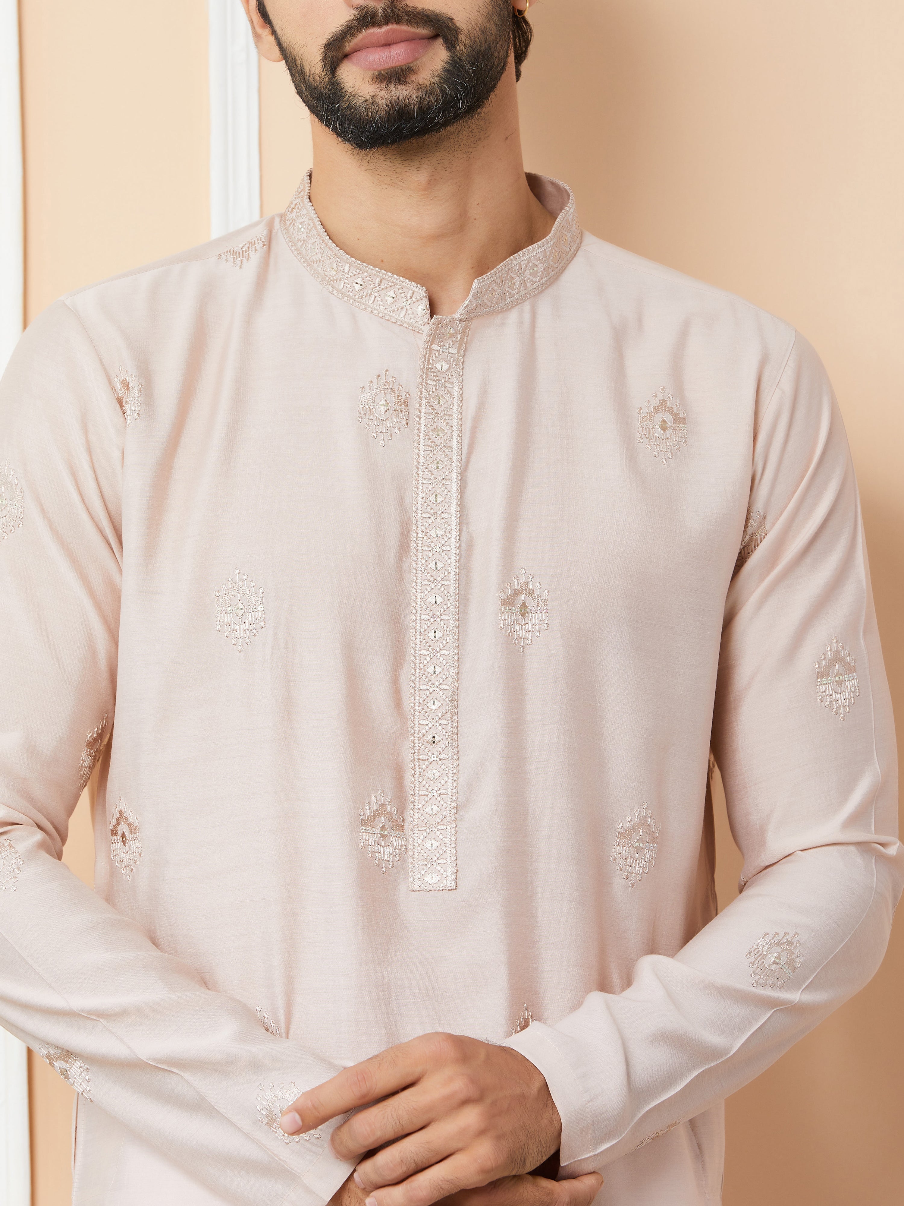 Light Classic Rose Embroidered Pure Chanderi Silk Straight Kurta with Pyjama