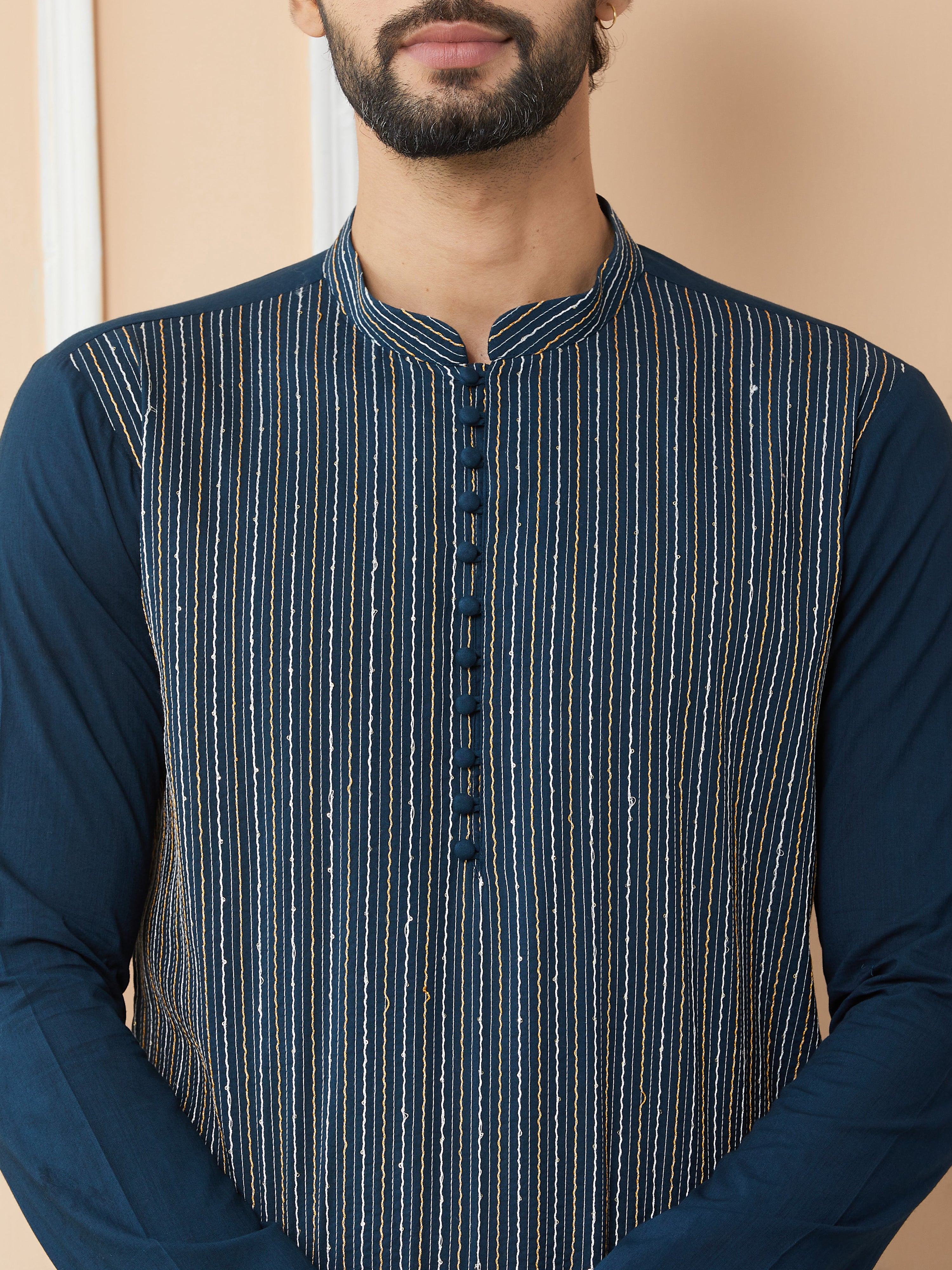 Dark Blue Thread & Sequins Worked Pure Cotton Straight Kurta with Pyjama