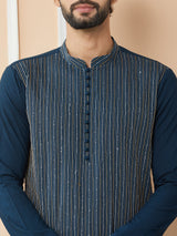 Dark Blue Thread & Sequins Worked Pure Cotton Straight Kurta with Pyjama