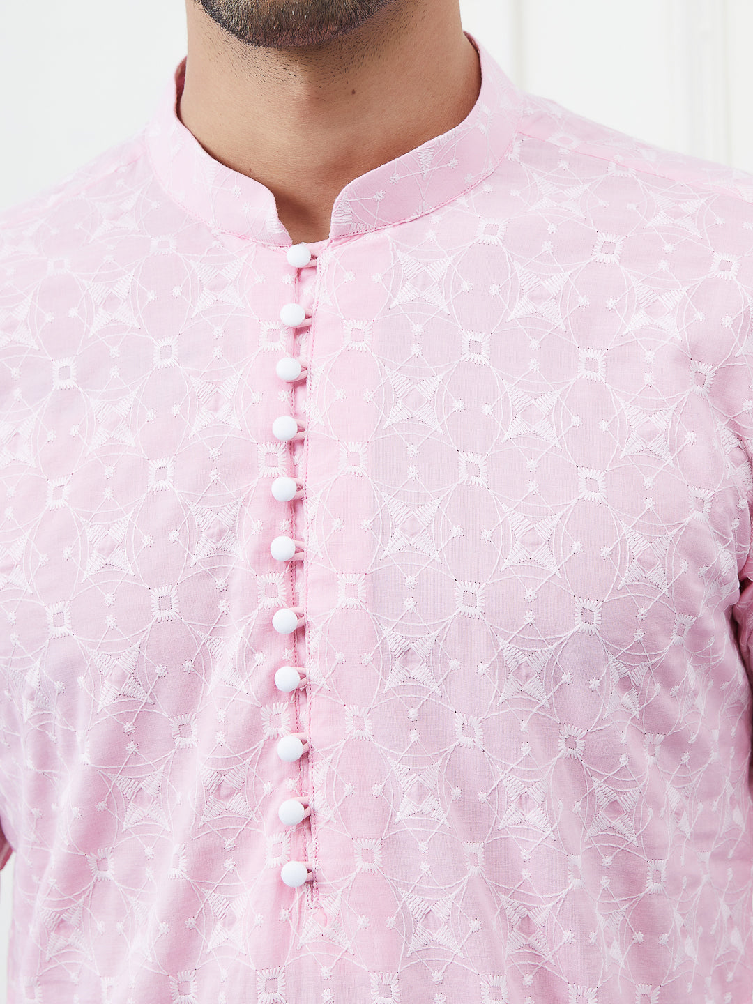 Men Peach Embroidered Cotton Kurta Set