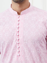 Men Peach Embroidered Cotton Kurta Set