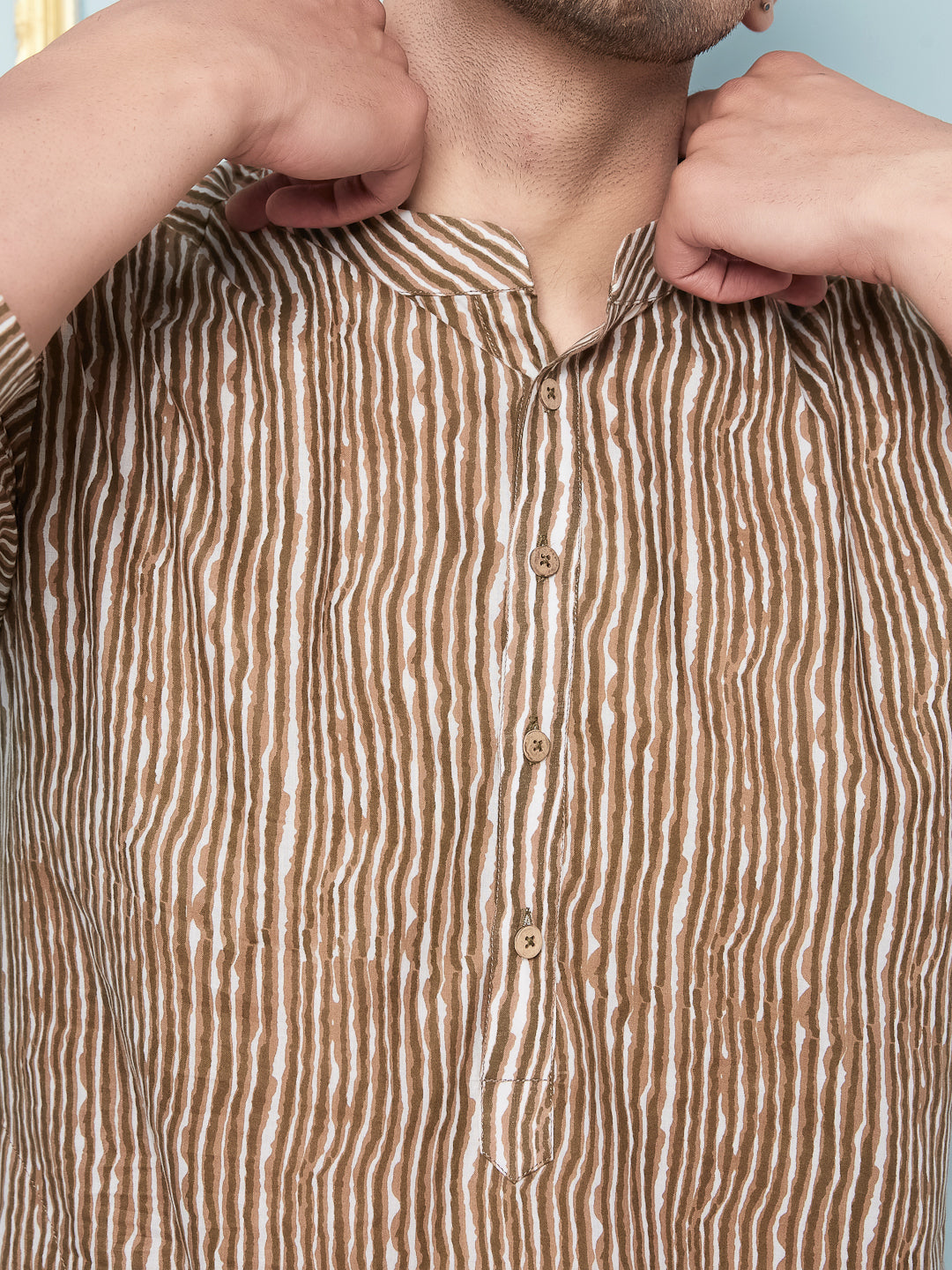 Men Brown and White Printed Kurta With pyjama