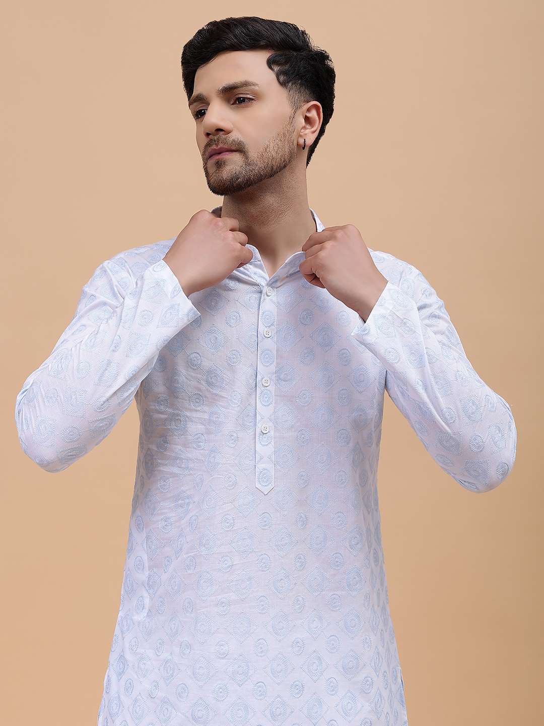 Men White & Grey Pure Cotton Embroidered Straight Kurta