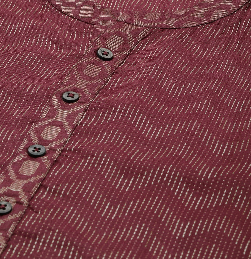 Men Burgundy & Beige Wave Woven Design Thread Work Kurta