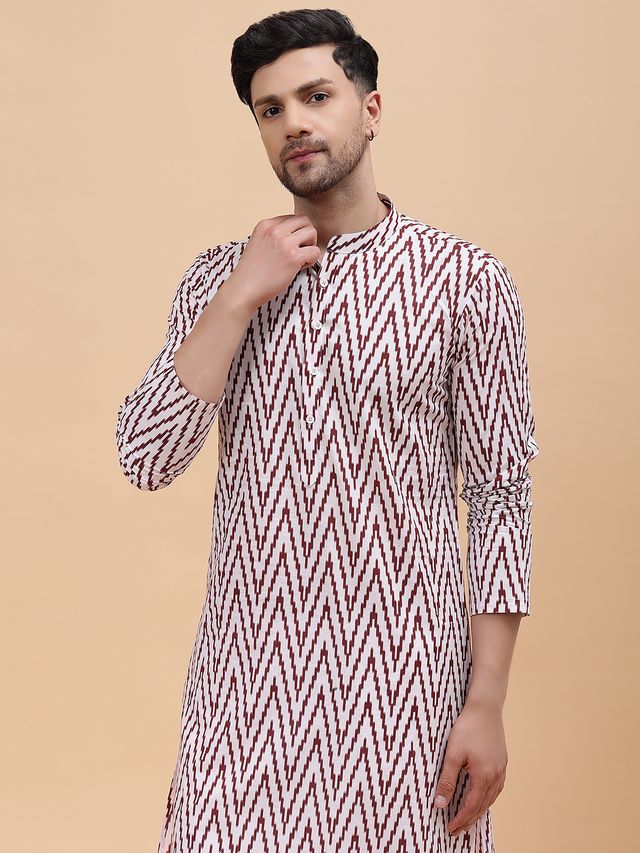 Men Off White & Maroon Pure Cotton Printed Straight Kurta With pyjama