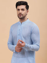 Men Sky Blue & White Pure Cotton Embroidered Straight Kurta With Pajama