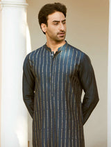 Men Deep Navy Blue with Golden Stripes Chanderi Silk Sequins Kurta With Pajama