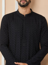 Black Embroidered Chikankari Rayon Straight Kurta