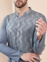 Men Grey And Gold Rayon Embroidery Sequins Kurta