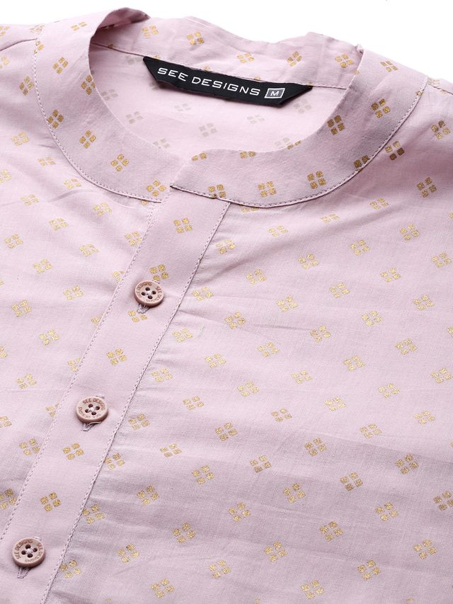 Men Pink & Gold Printed Straight Kurta With Pyjama