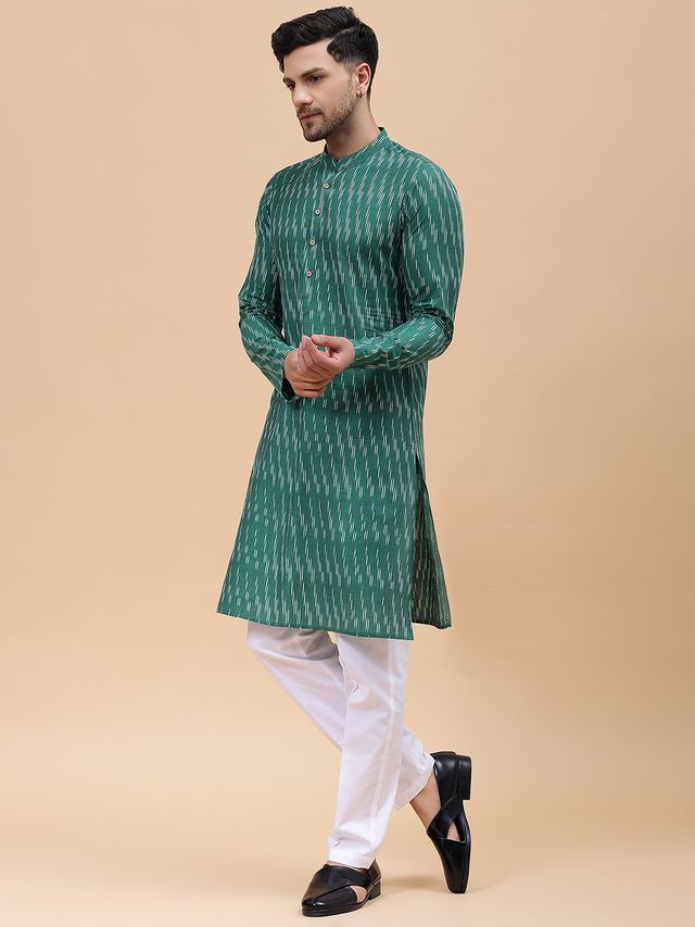 Men Green & White Pure Cotton Printed Straight Kurta With pyjama