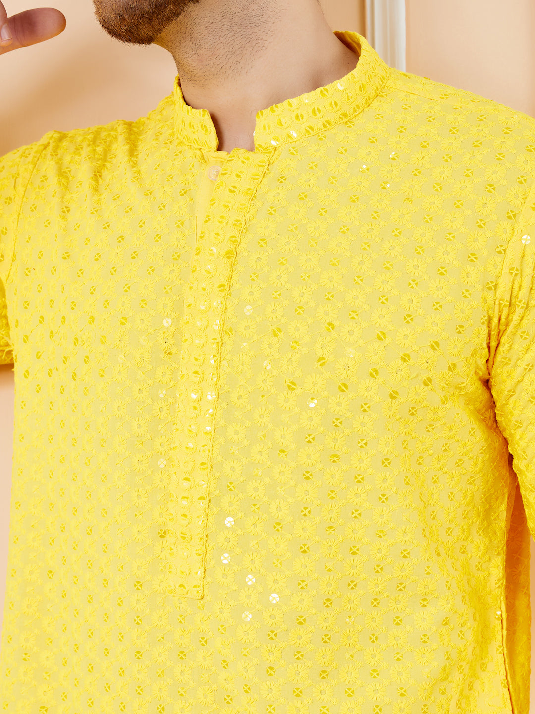 Men Yellow Floral Embroidered Sequins Rayon Kurta Set