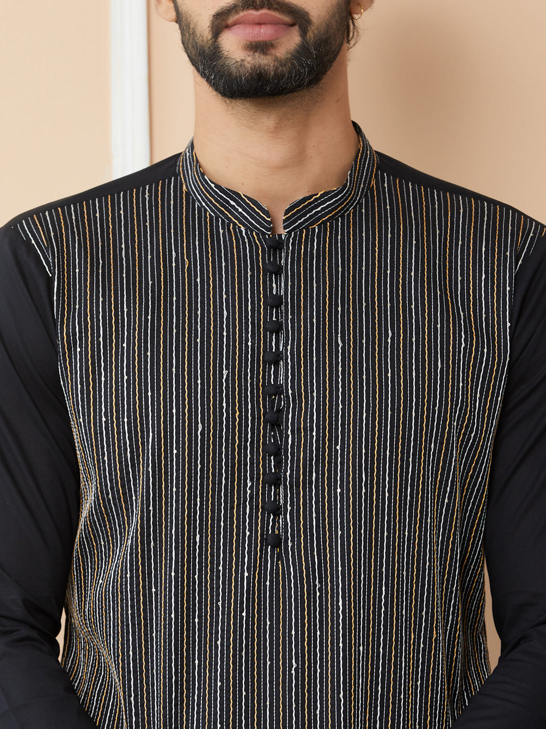 Black Thread & Sequins Worked Pure Cotton Straight Kurta with Pyjama