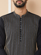 Black Thread & Sequins Worked Pure Cotton Straight Kurta with Pyjama