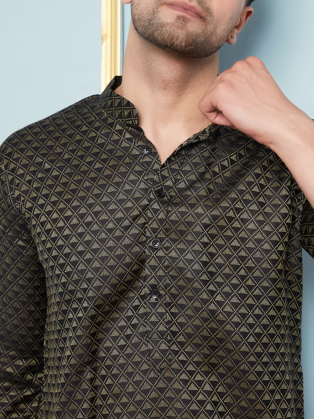 Men Black & Gold Woven Design Thread Work Kurta With pyjama