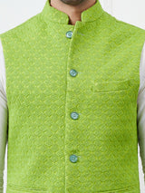 Men Light Green Color Woven Design Embroidery Cotton Nehru Jacket