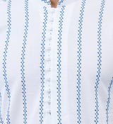 Men White And Blue Striped Chikankari Embroidered Cotton Kurta