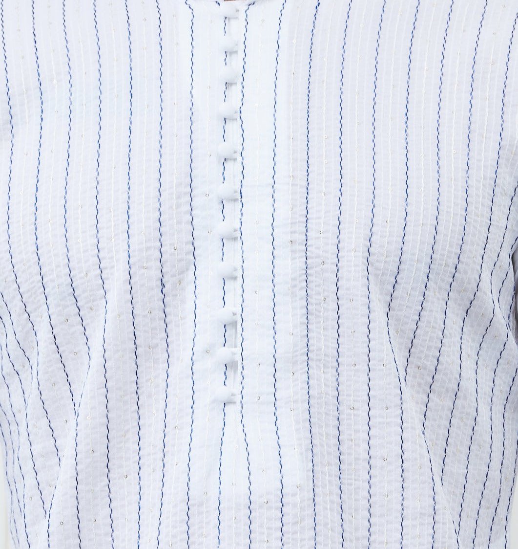 Men White Cotton Kurta with Blue Thread Work