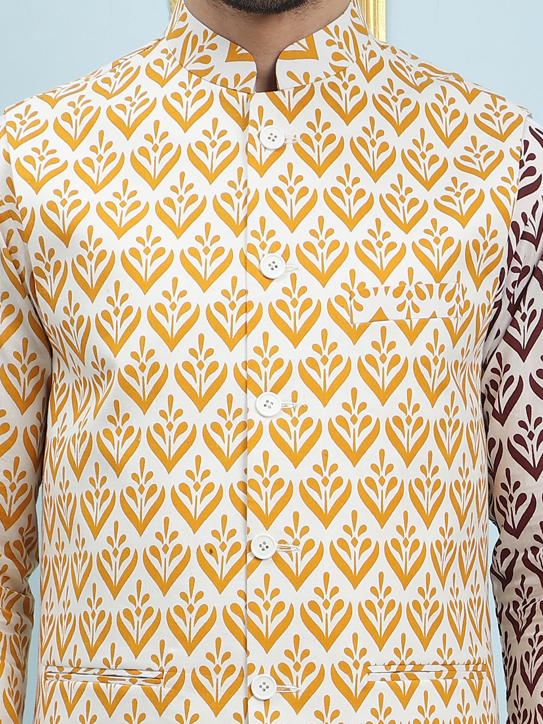 Men Off White And Yellow Color Printed Cotton Nehru Jacket